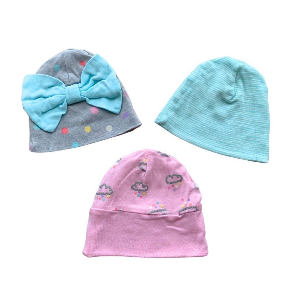 3 Piece Baby Girls Newborn Cotton Caps Hats Set Bundle Lot